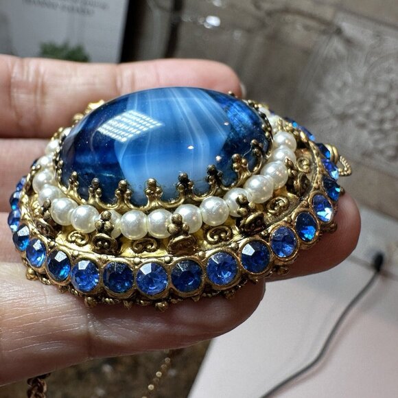 VTG Pendant Necklace 26" W Germany Porphyry Blue Art Glass Filigree Faux Pearl - Picture 8 of 12